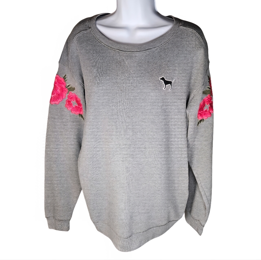 Victoria's Secret PINK Embroidered Flower Sleeve Pullover Sweatshirt Grey Medium